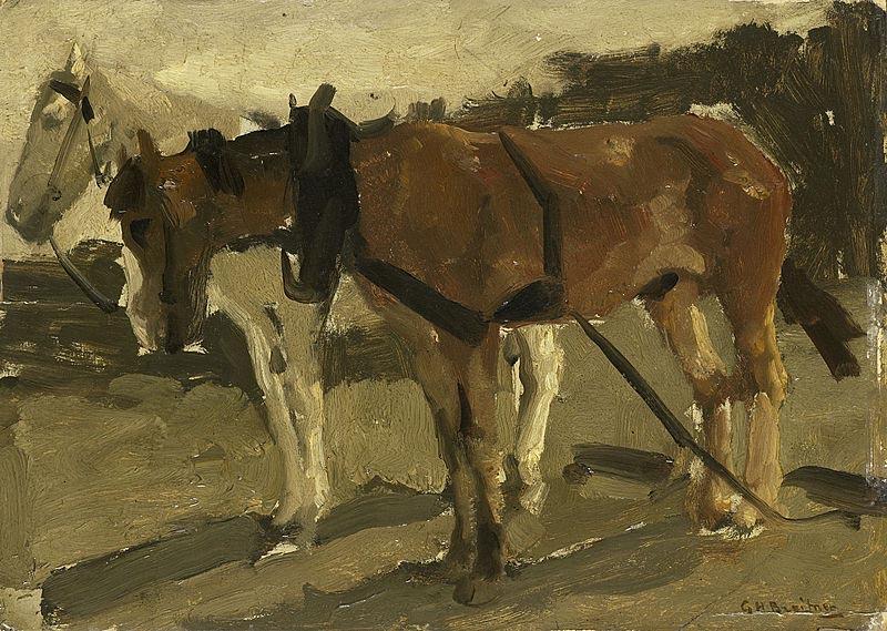George Hendrik Breitner A Brown and a White Horse in Scheveningen Sweden oil painting art